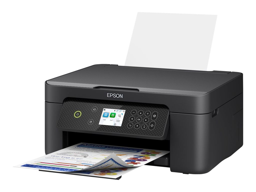 A black Epson Expression Home XP-4200 printer is shown on a white background with a sheet of paper in the output tray and another sheet in the input tray.