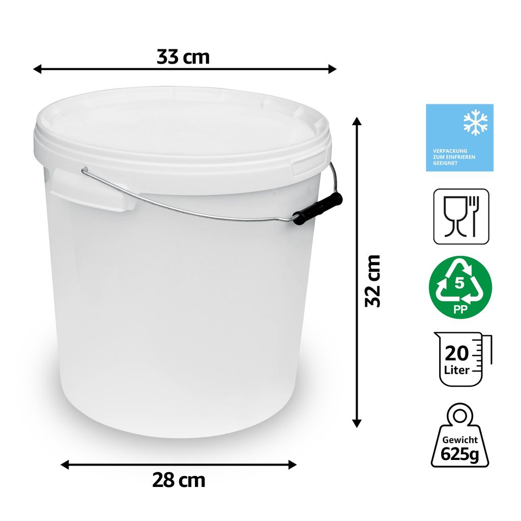 plasteo® 3x 20 Liter Eimer mit Deckel Lebensmittelecht
