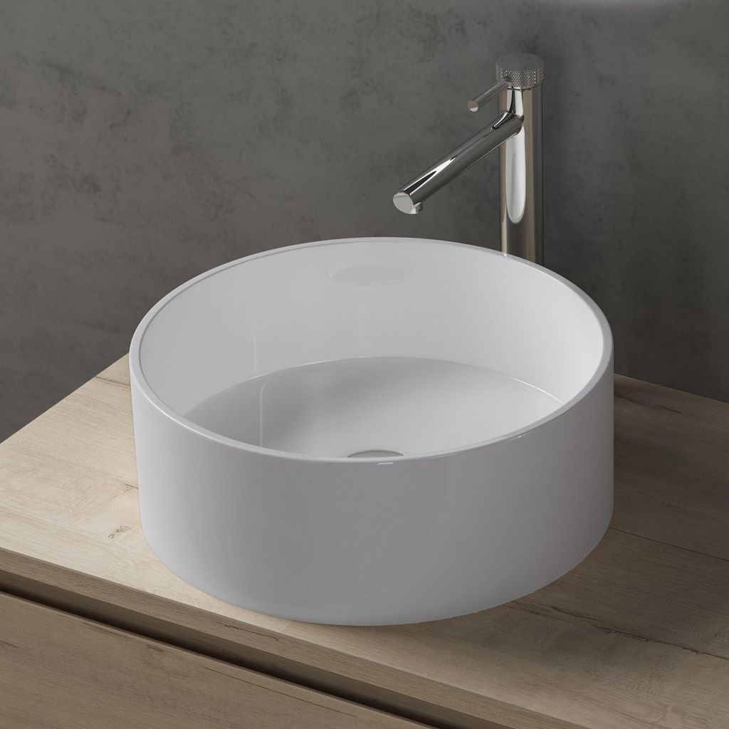 doporro Aufsatzwaschbecken Waschbecken Waschschale aus Mineralguss, Handwaschbecken rund glänzend Weiß Ø 40 cm für Badezimmer und Gäste-WC Col...