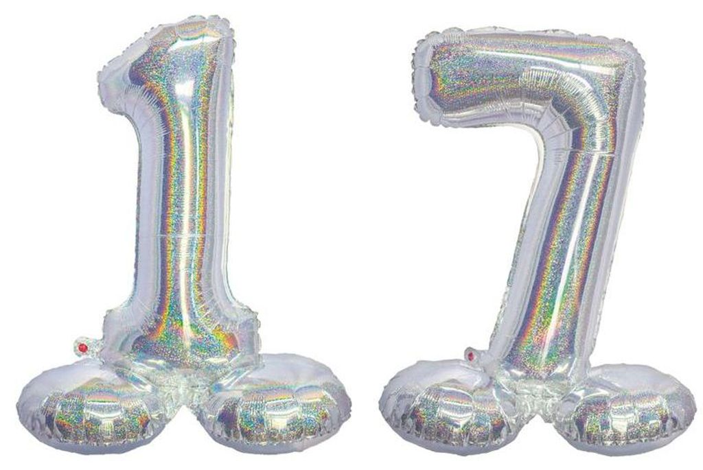 Stehender XL Folienballon Zahl 17 silber holografisch 72 cm Produktbild 