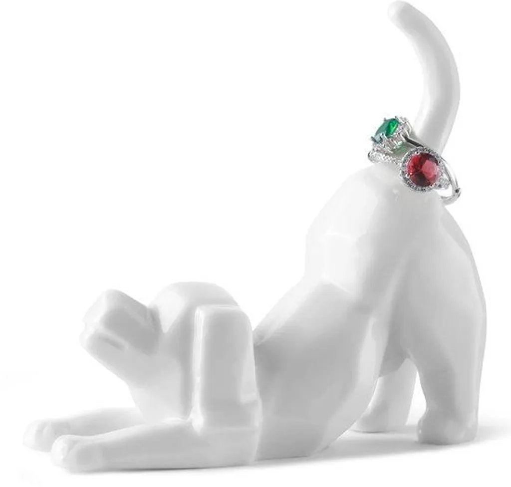 Porte-bagues chien en céramique blanche et métal argenté 12cm design