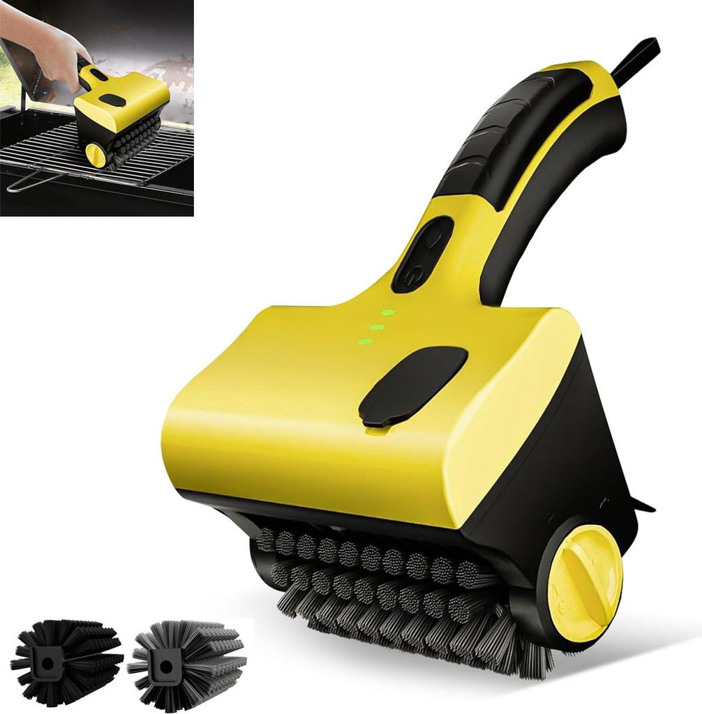 Elektrische Grillreinigungsbürste, kabellos, Doppelkopf Stahl + Nylon, Sprühfunktion, 2600 mAh Akku, Type-C, IPX5, für Garten & Camping