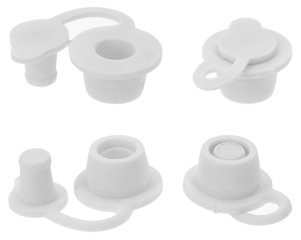 Four white plastic caps with attached lids, arranged in a two-by-two grid against a white background.
