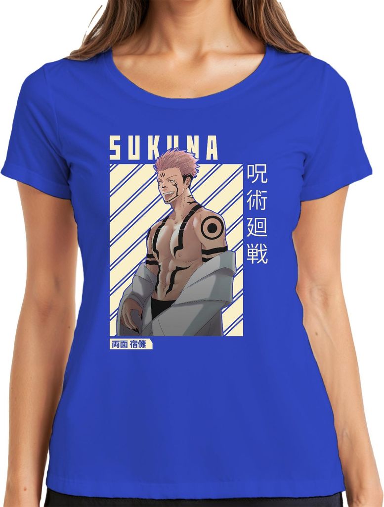 Sukuna Jujutsu Kaisen Ryomen Sukuna Anime Manga Otaku Geschenk Damen T-Shirt, Blau, XXL