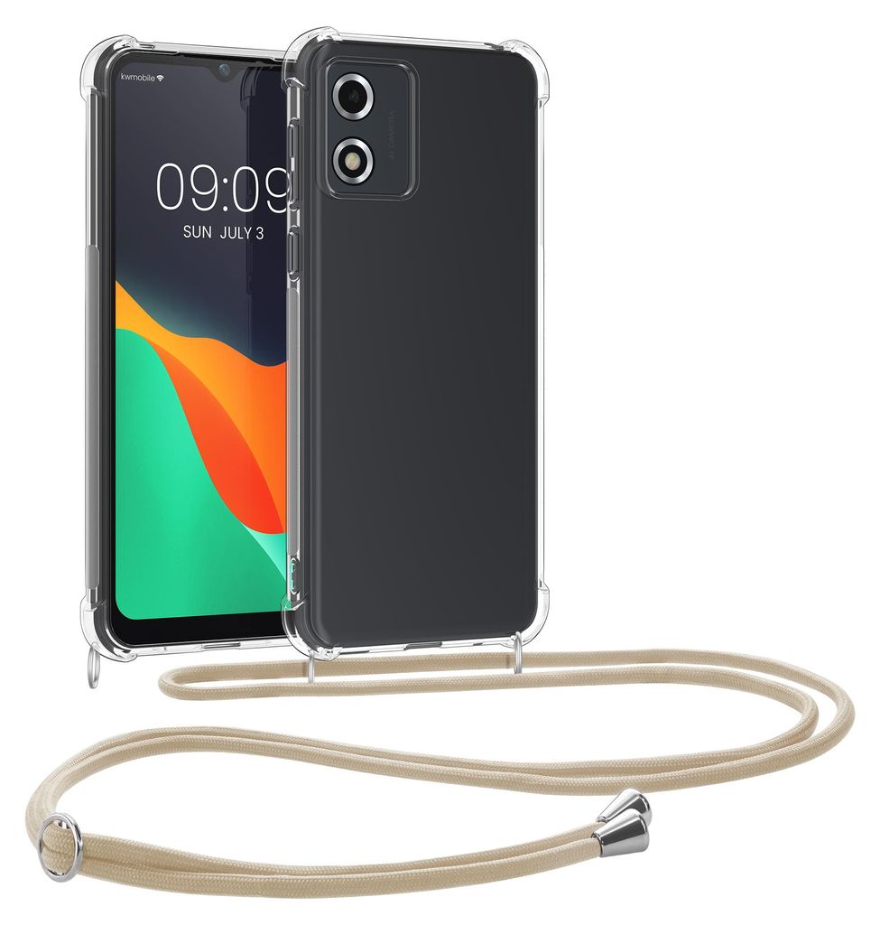 kwmobile Necklace Case kompatibel mit Motorola Moto E13 Hülle - Silikon Cover mit Handykette - Band Handyhülle Gold Transparent