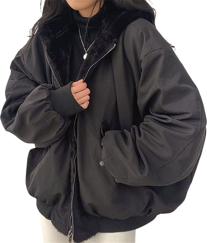 ASKSA Damen Winterjacke Baggy Doppelseitige Parka mit Kapuze Warm Fleece Winter Mantel Jacke Outdoorjacke, Schwarz, 3XL