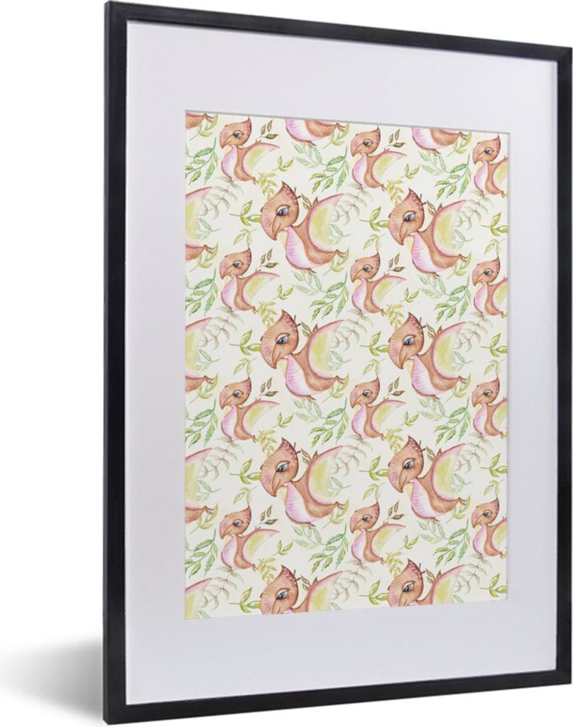 MuchoWow Gerahmtes Poster Kinderzimmer - Dinosaurier - Blätter - Mädchen - Kinder - Rosa - Kinder 30x40 cm - Poster mit Schwarzem Bilderrahmen ...