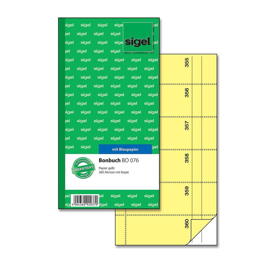 SIGEL BO076 Bonbuch, 360 Abrisse, gelb, 105x200 mm, mit Blaupapier, 2 x 60 Blatt