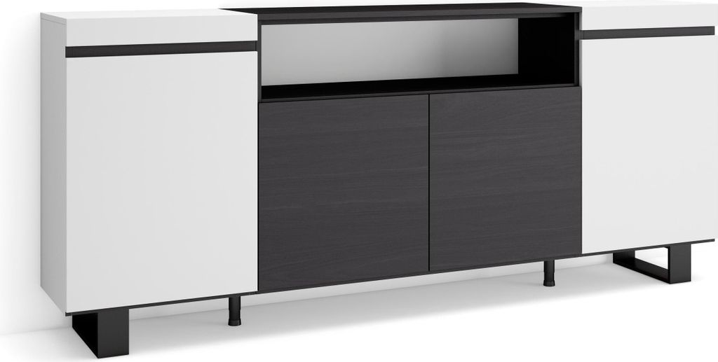 Sideboard, Highboard, 200x35x87cm, 4 Türen, Industriedesign, Weiß und Schwarz