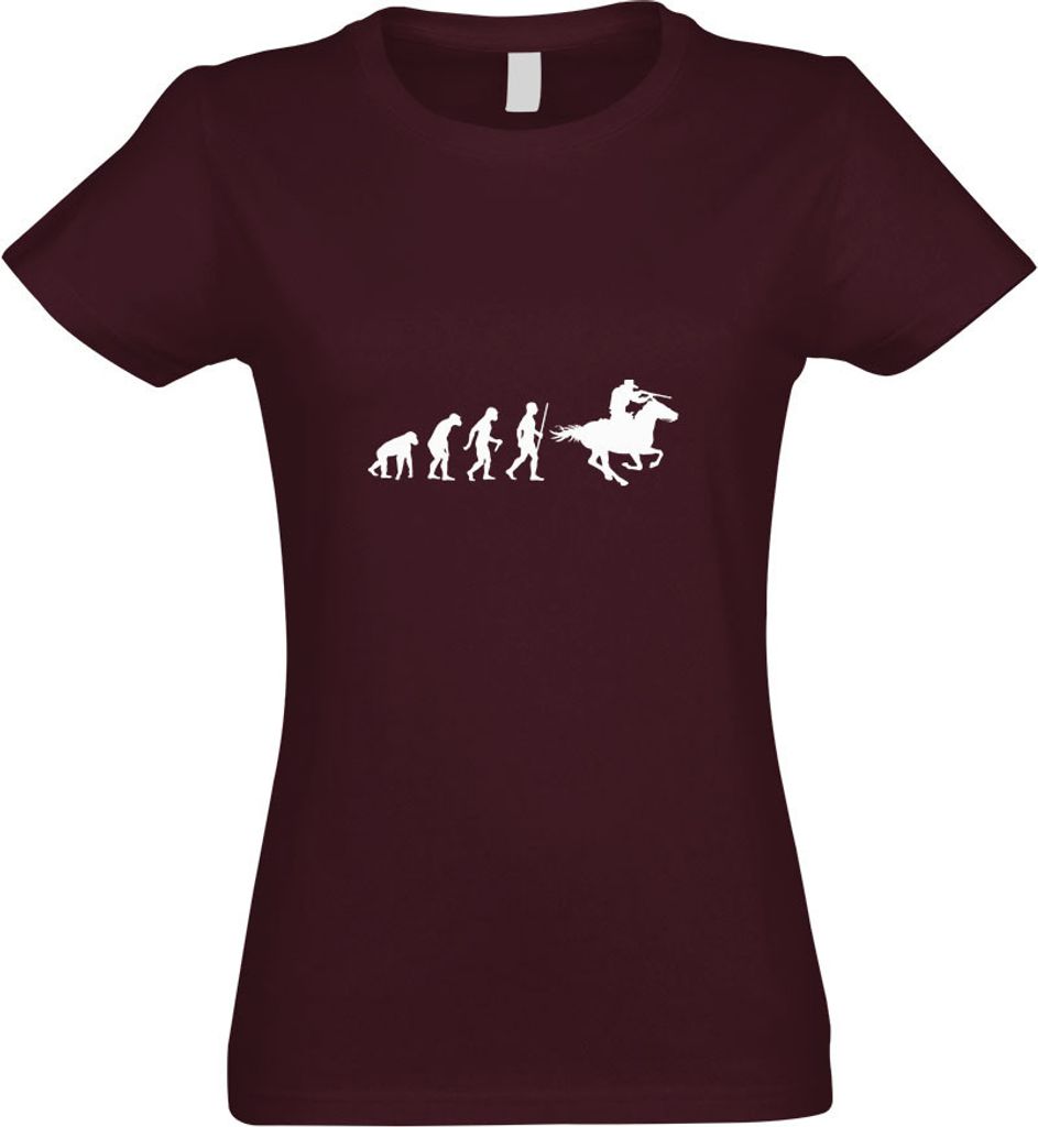 Kiwistar - T-Shirt tailliert - Damen - Burgund - Cowboy mit Pferd Evolution - mit Motiv Bedruckt - Funshirt Design - Sport - Freizeit - Damen - XL