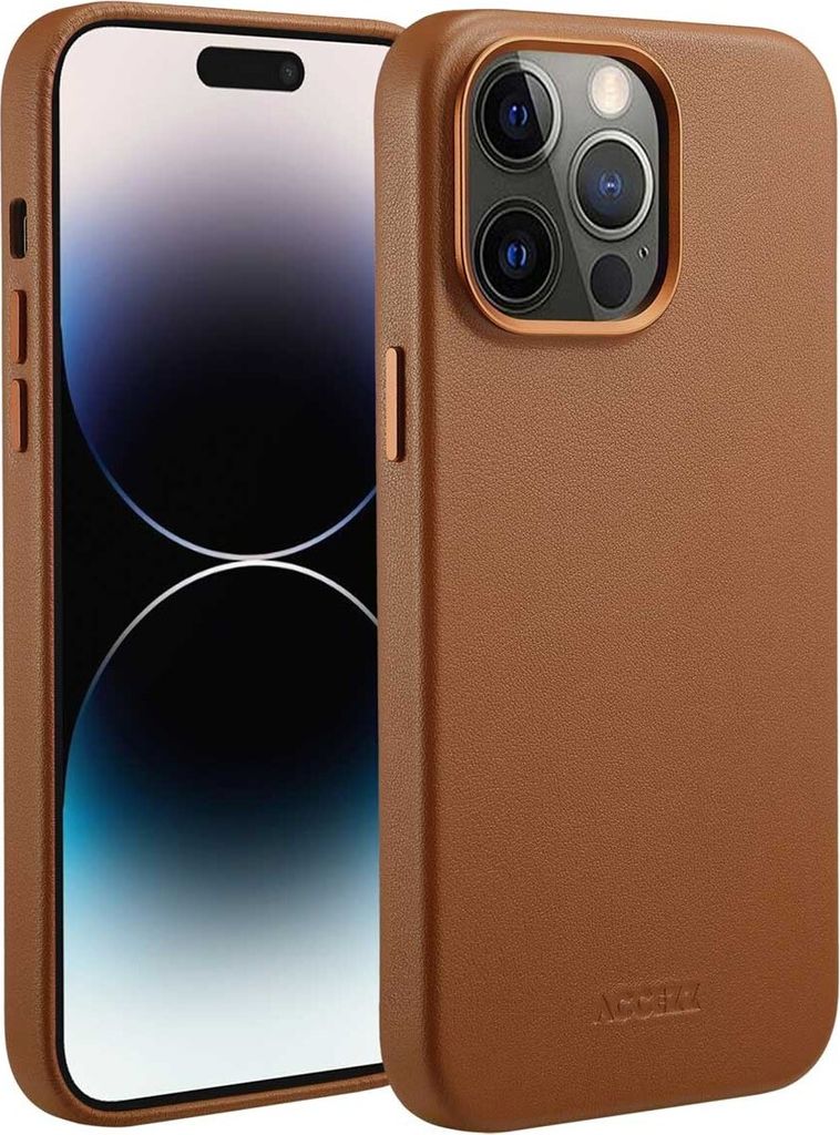 iPhone 14 Pro Max hülle iPhone 14 Pro Max Schützhulle MagSafe Leather Backcover Echtes Leder Braun Accezz