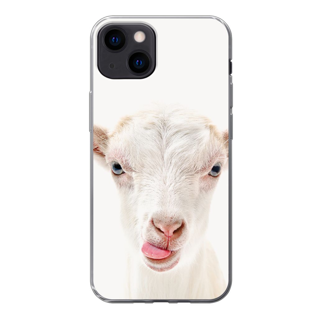 MuchoWow Handyhülle Schutzhülle Hülle für iPhone 13 Ziege - Porträt - Junge - Mädchen - Kinder - Weiß Silikon Softcase Handy Hülle - Kart...