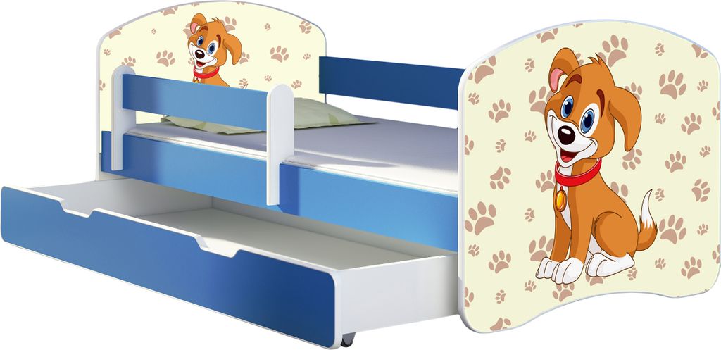 ACMA Jugendbett Kinderbett Junior-Bett Komplett-Set mit Matratze Lattenrost und Rausfallschutz Blau 11 Welpe 140x70 + Bettkasten