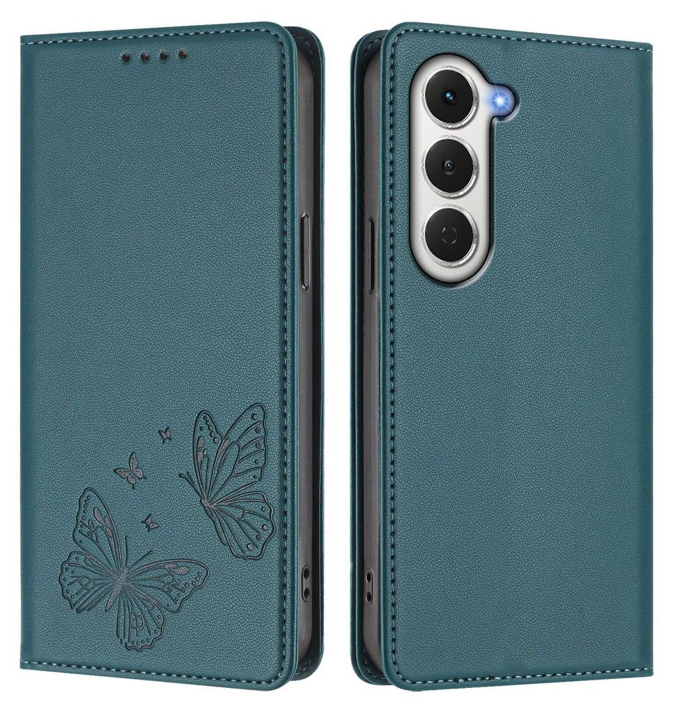 Lederhülle für Tecno Spark 40 Pro, Schmetterling Prägung Leder Brieftasche Schutzhülle mit Ständer Grün