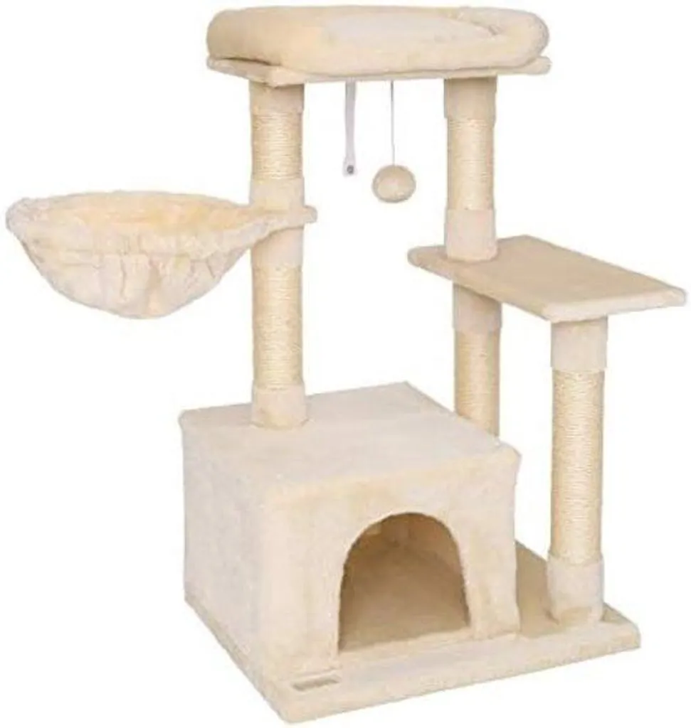 Grand griffoir pour chats avec balle de jeu et zone de repos douillette