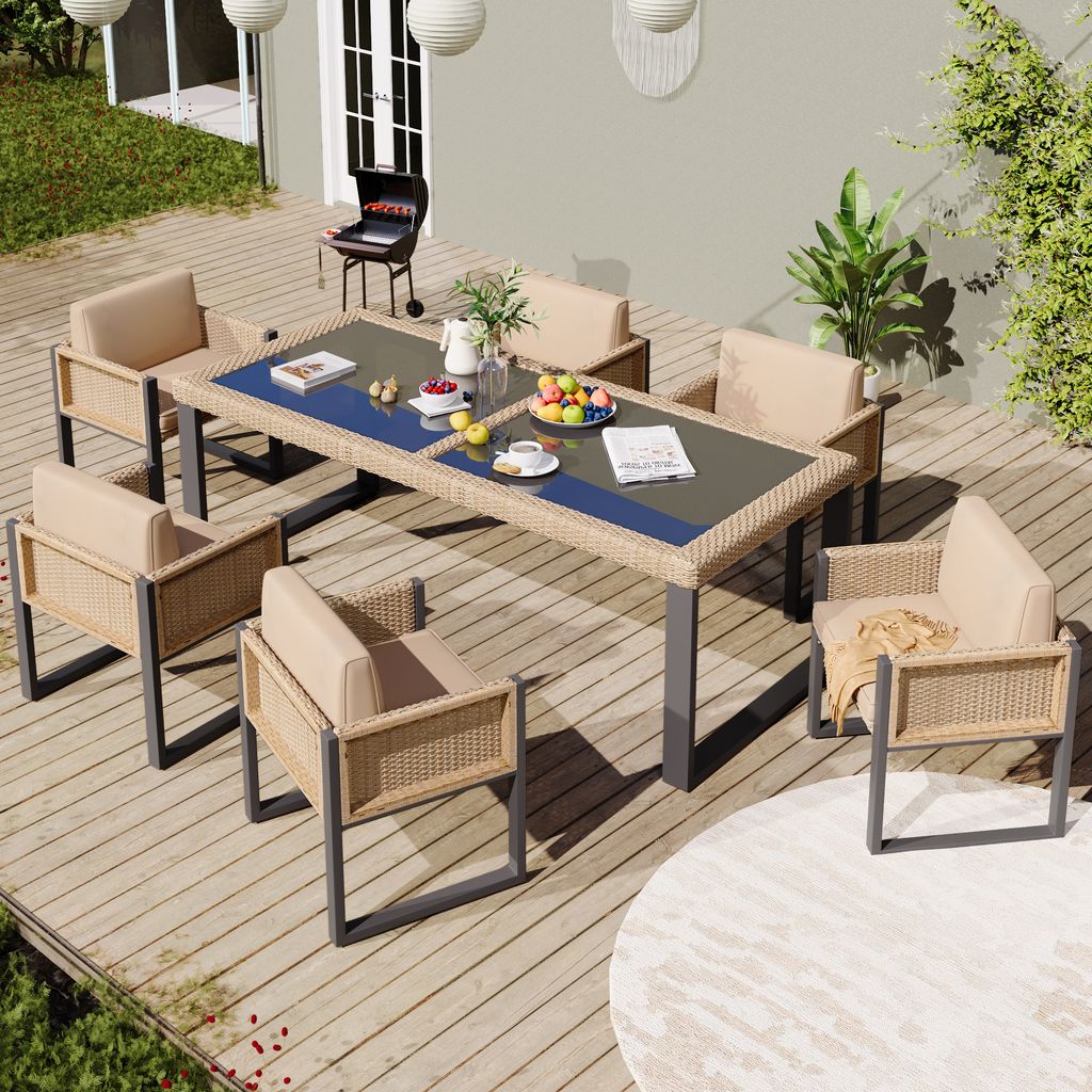 Merax Polyrattan-Esstisch-Set für 6 Personen, Gartenmöbel mit abnehmbaren Stoffbezügen - Elegantes und robustes Design für Außenbereich