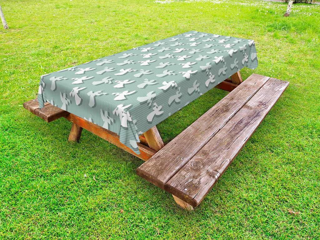 ABAKUHAUS Engel Tischdecke Outdoor, Weihnachtsengel-Schattenbilder auf gestreiftem Hintergrund Noel Yule Theme, Blass Mandelgrün Weiß, 145x305cm