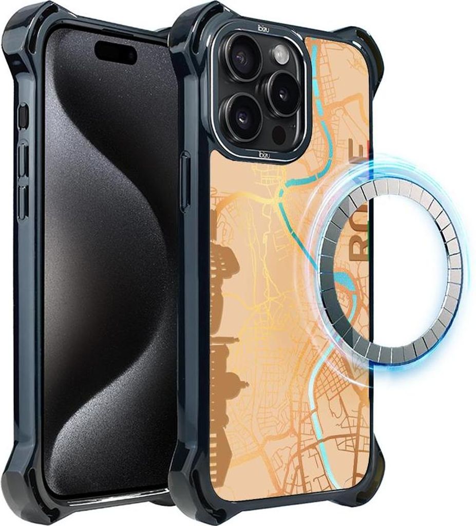 Schutzhülle für das iPhone 15 Pro Max, MagSafe-kompatibel, verstärkte Ecken, schwarz, Stadtplan von Rom