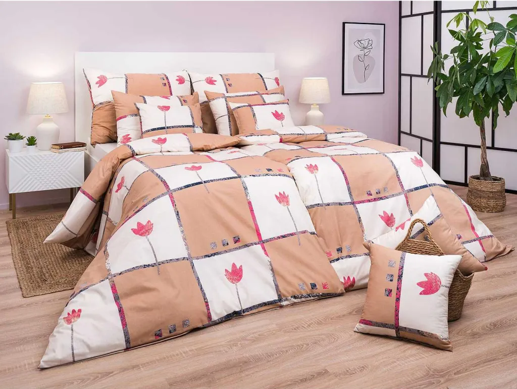 Parure anti-transpiration Lin Coton Tulipe Brun Clair 140x200 70x90 cm