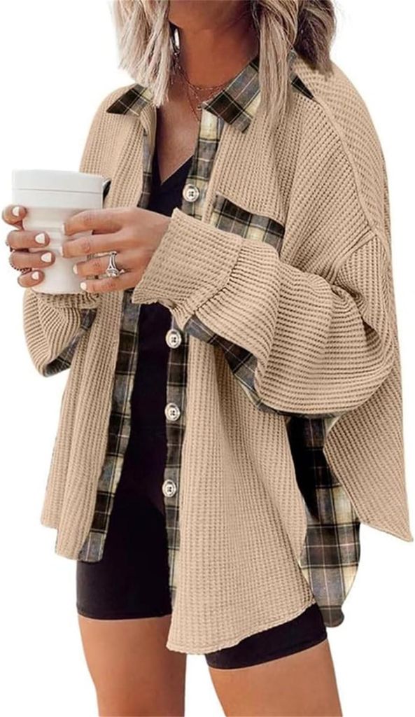 ASKSA Damen Waffelstrick Bluse Spleissen Hemdjacke Button Down Lose Oversize Freizeithemd Strickjacke, Aprikose, L