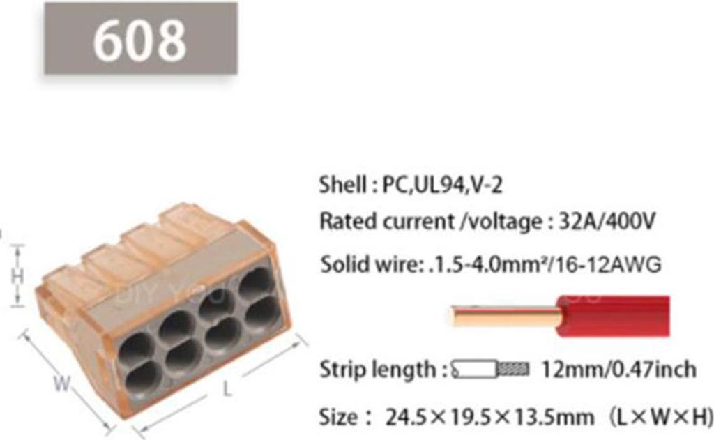 20 Stk. Verbindungsklemme 32A/400V, 16-12AWG (1,5-4mm²) - PCT602-608 : achtfach Ausführung: achtfach