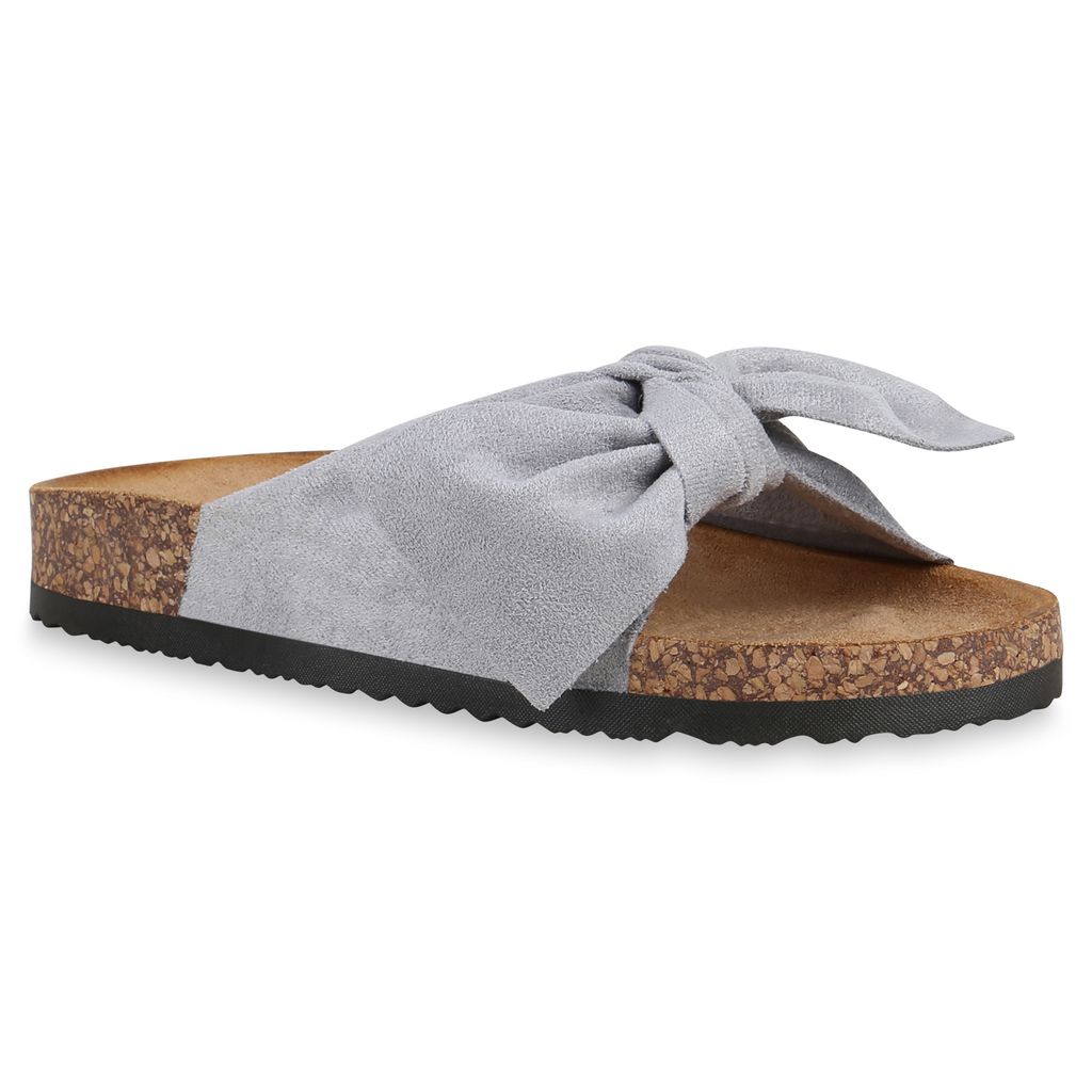 Mytrendshoe Damen Sandalen Pantoletten Hausschuhe Schleifen Schuhe 830663, Farbe: Hellgrau, Größe: 40