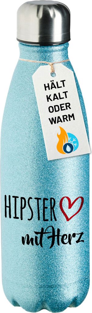 Huuraa Trinkflasche Hipster mit Herz 500ml Blue Edelstahl Wasserflasche Trinkflasche Geschenkidee