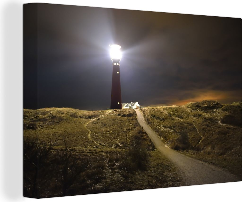 OneMillionCanvasses - Leinwandbilder - 150x100 cm, Ein beleuchteter Leuchtturm auf der Insel Schiermonnikoog, Wandbilder Kunstdruck Wanddekoration