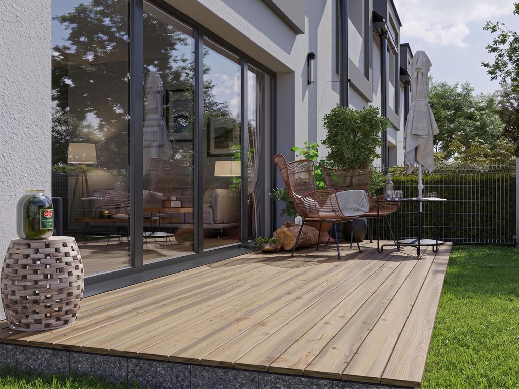 WOODTEX | 3 m | Hellbraun 140x24 mm Terrassendiele Kiefer glatt, Kesseldruckimprägniert KDI Holz, Nadelholz Dauerhaftigkeitsklasse 3 4, Fichte Gar...
