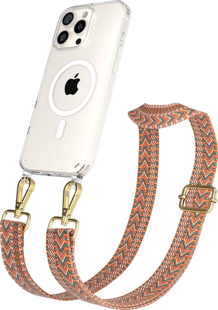 EAZY CASE - Handykette mit MagSafe Hülle für Apple iPhone 16 Pro Max, Handyband ZigZag Style,Karabiner Gold, Umhängeband in Orange
