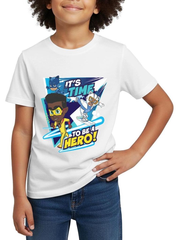 Spreadshirt PJ Masks It's Time To Be A Hero Mit Newton Star Kinder T-Shirt, 122/128 (7-8 Jahre), Weiß