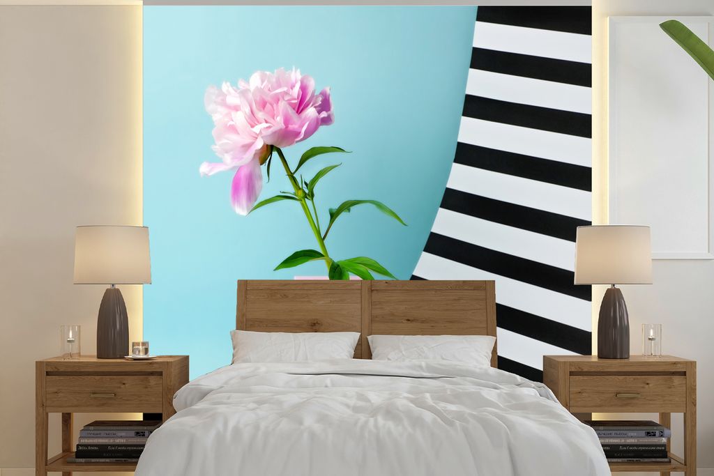 MuchoWow Fototapete für Wohnzimmer oder Schlafzimmer Wandtapete Vinyl Motivtapete Rosa Pfingstrose mit blauem Hintergrund - 300x300 cm - Wanddek...
