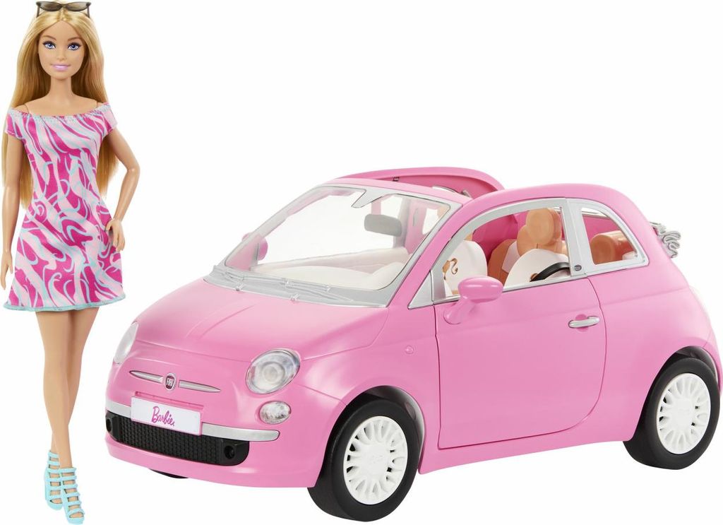 A Barbie doll and her pink convertible car.