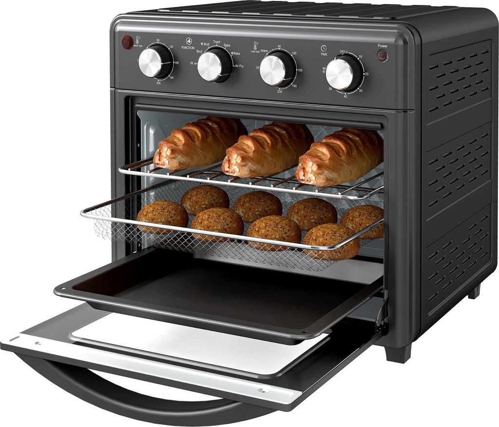 Kompakter Multifunktionsbackofen mit Heißluftfritteuse, 7 Programme, 90-230°C, inklusive Zubehör, Schwarz