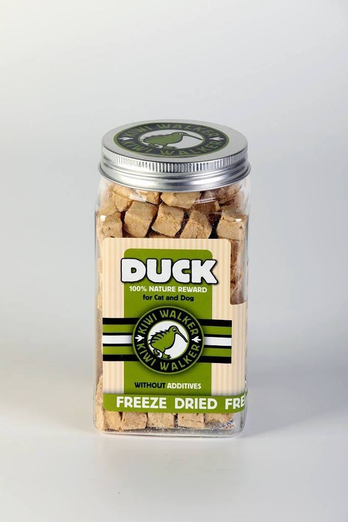 A clear studio shot of a jar of freeze-dried duck treats for cats and dogs.