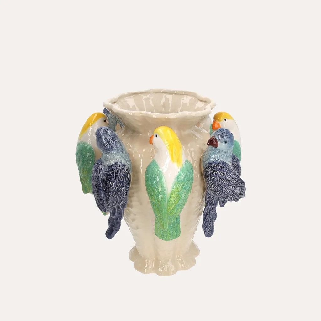 Vase perroquets en céramique sculptée 36cm : finitions fait main