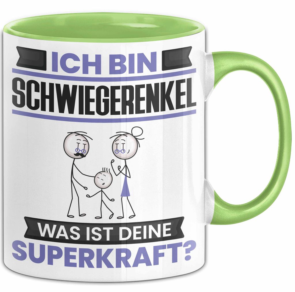 Schwiegerenkel Tasse Geschenk für Schwiegerenkel Geburtstag Lustiger Spruch Kaffee-Becher Was Ist Deine Superkraft (Grün)
