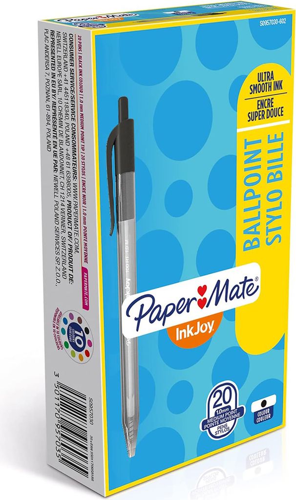 Paper Mate InkJoy 100RT Retractable Kugelschreiber | mittlere Spitze (1,0 mm) | Schwarz | 20 Stück