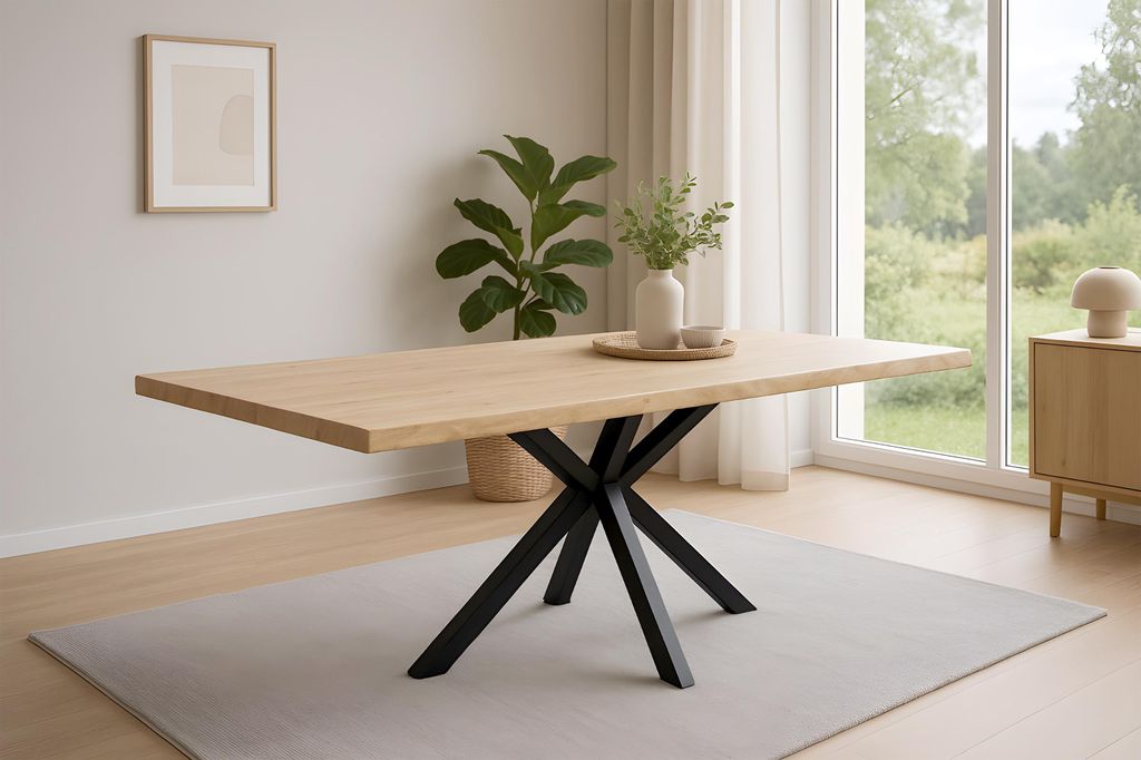 Esstisch Baumkante 180 x 90 cm Akazie massiv Natur lackiert Spider-Gestell schwarz HARLEY