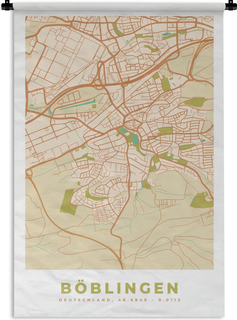 MuchoWow Wandteppich Wandbehang Böblingen - Karte - Vintage - Stadtplan 90x135 cm Tapisserie Dekoration Wandtuch - Baumwolle - Wandskulptur