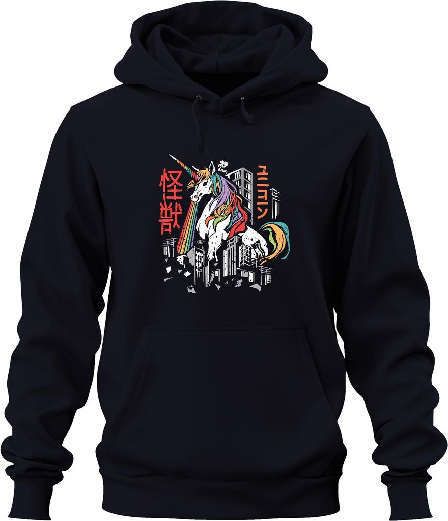 Einhorn Regenbogen Kaiju Monster Stadt Zerstörung ユニコーン 怪獣 Retro Uni Hoodie Kapuzenpullover, Navy, XXL
