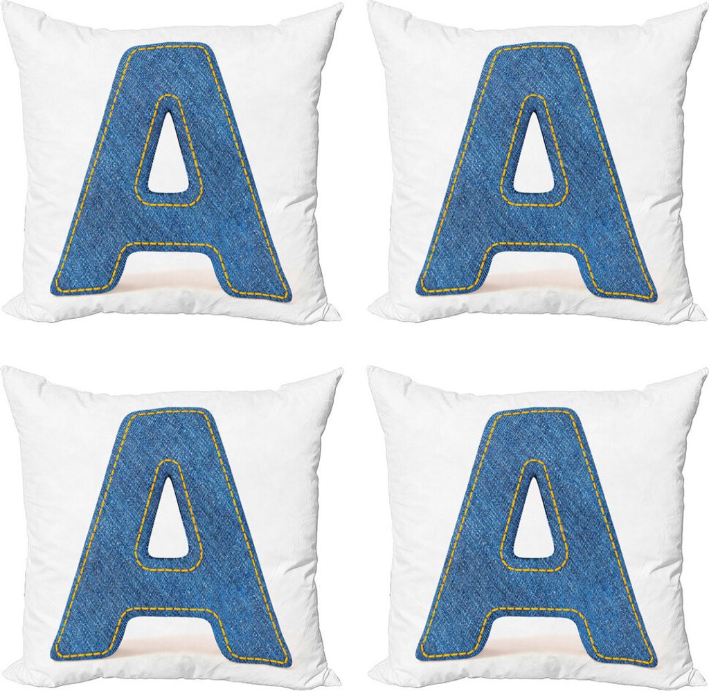 ABAKUHAUS Buchstabe a Kissenbezug Set (4 Stück), Blau Versalien- Jeans, Moderner Doppelseitiger Digitaldruck, 40 cm x 40 cm, Blau Gelb