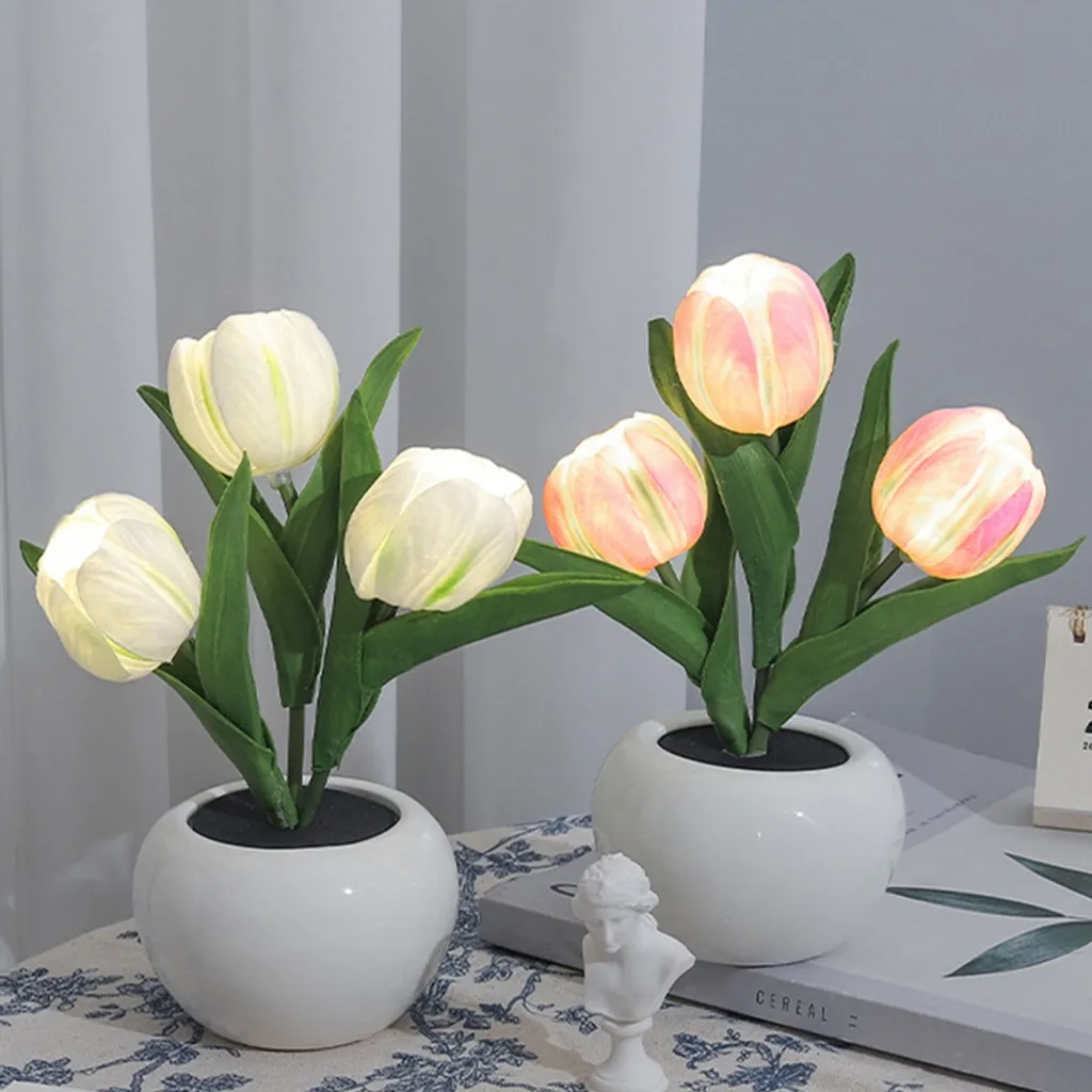 Würfel-Tulpen-Nachtlicht Mit Spiegel – Fertig Montiert, 2-in-1 Lampe In Lila, 12x12 Cm