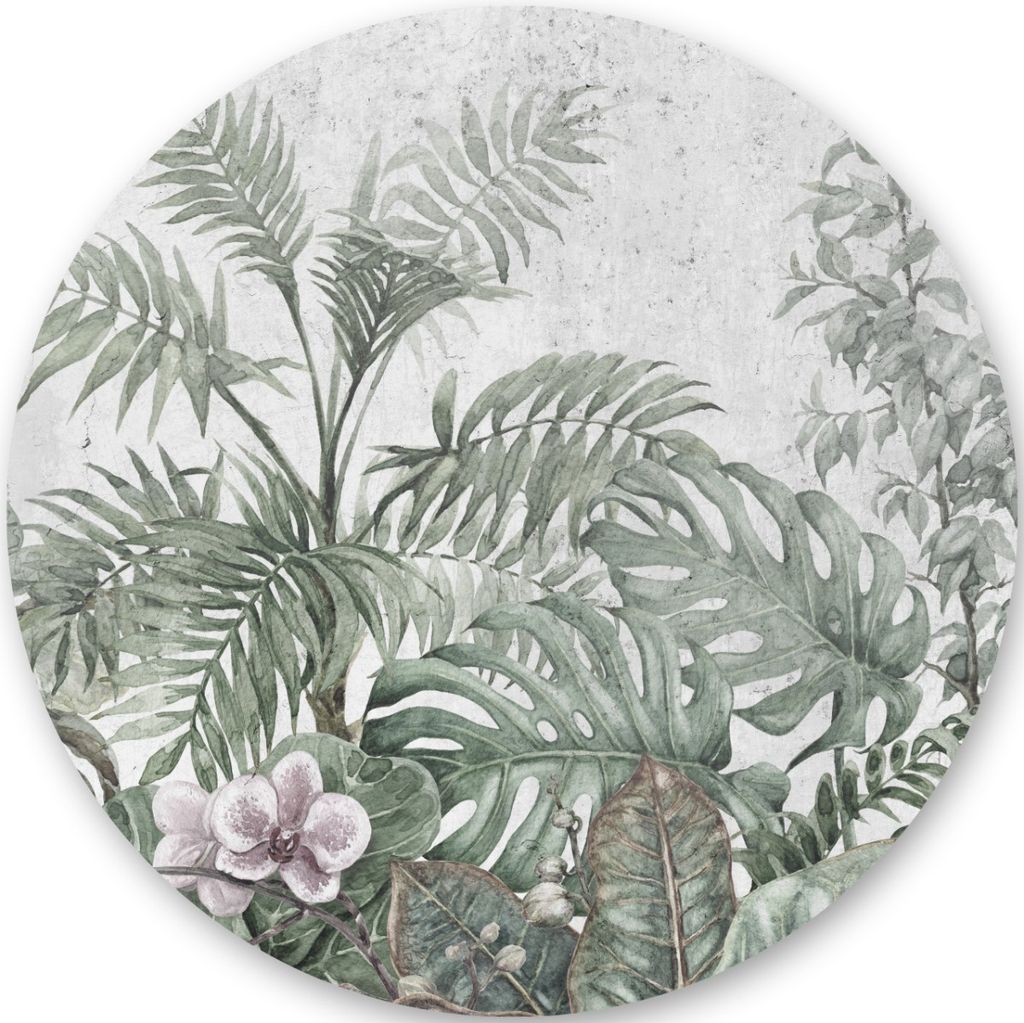 Sticker RUND tropische Blätter Blumen Pflanzen Natur Retro Wohnzimmer Schlafzimmer Wanddeko Wandtattoo Aufkleber 100 cm x 100 cm