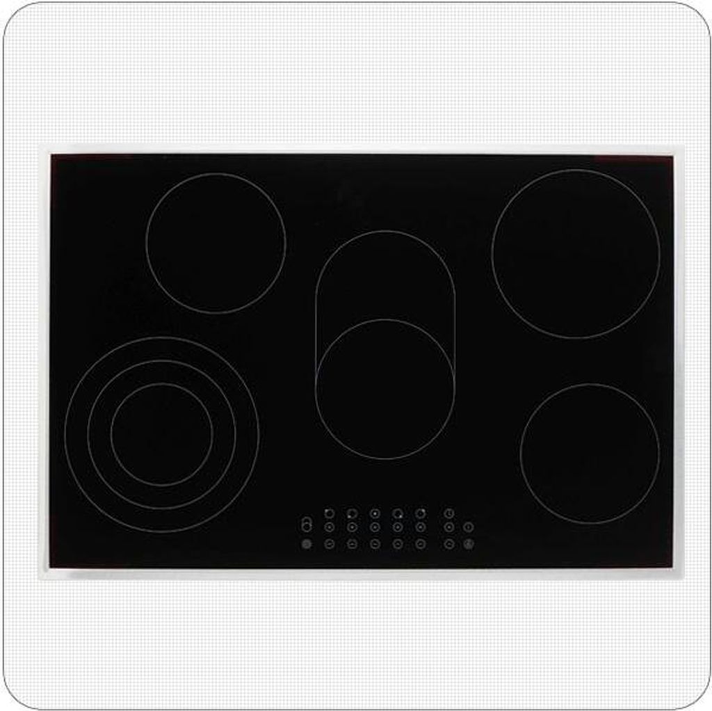 A top-down view of a black glass ceramic cooktop with an aluminum frame, set against a white background.