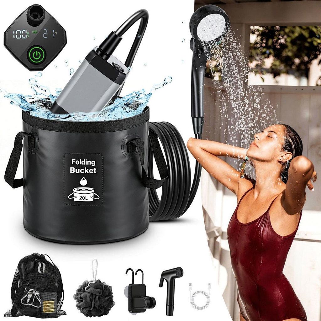 Peviasot Tragbare Campingdusche, 6000 mAh Tragbare Camping Dusche mit 20L Falt-Eimer und Duschkopf, Outdoor Set für Garten
