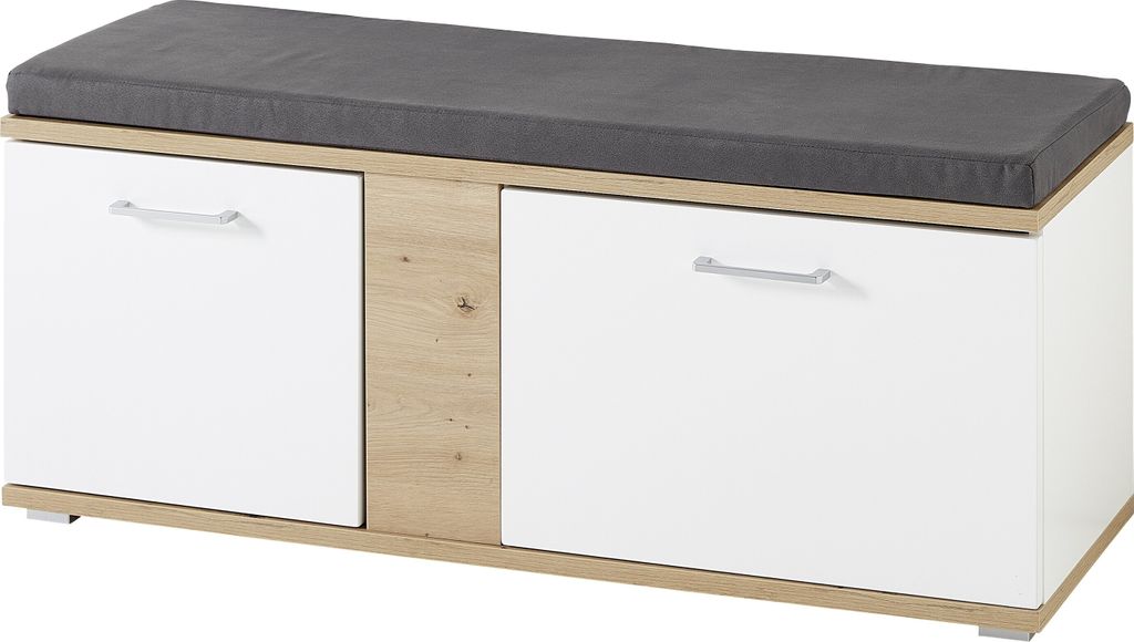 Schuhbank "SIGNO II" aus MDF in Artisan/Weiß mit einer Tür und Absetzungen in Artisan Eiche. Abmessungen (BxHxT) 120x50x38 cm