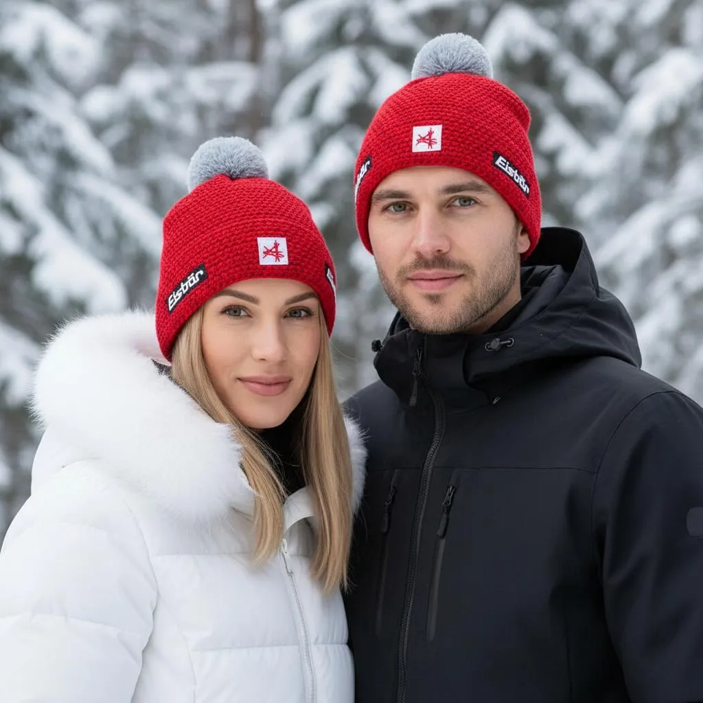 Bonnet tricoté Jamie Pompon Eisbär MÜ SA rouge - Doublure polaire douce