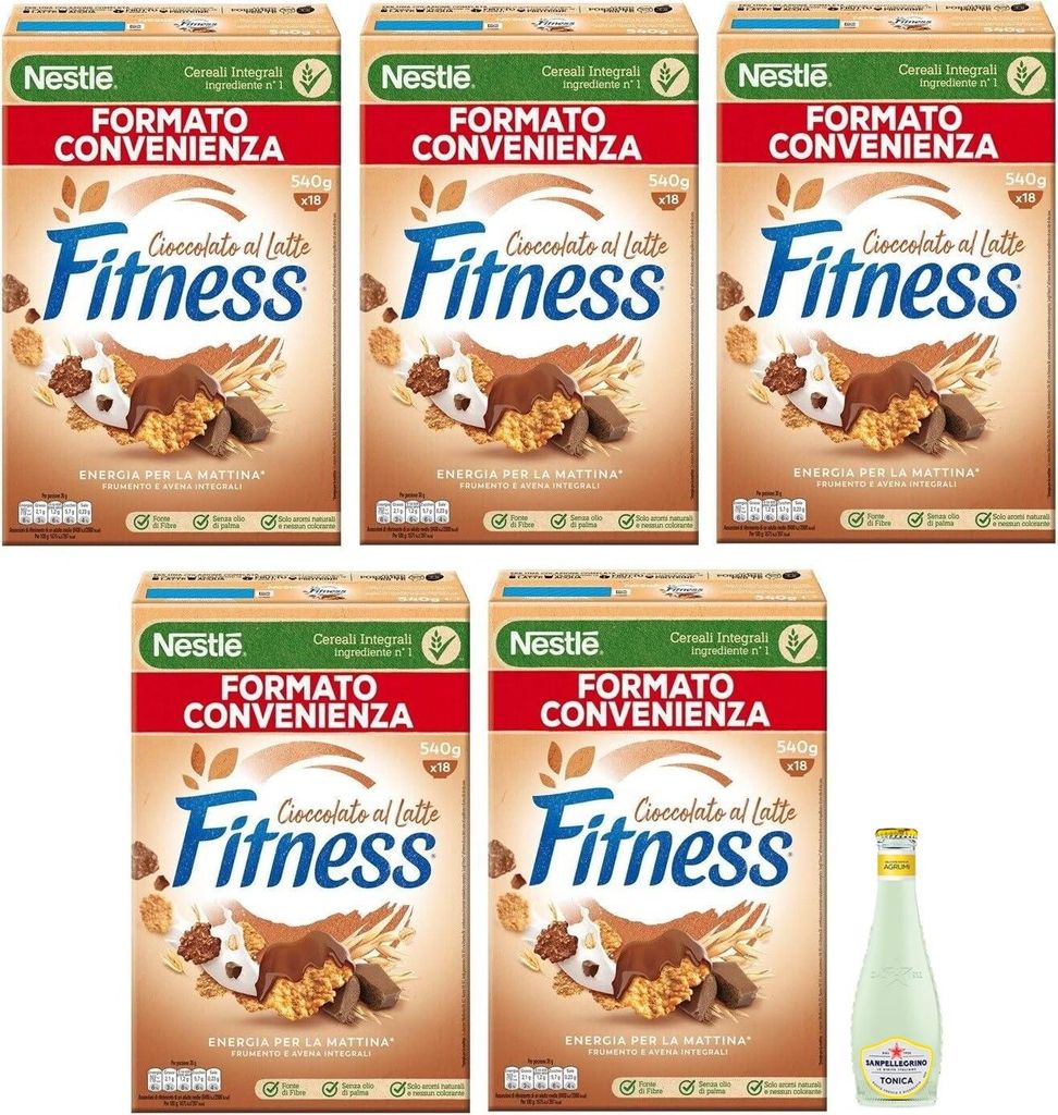 5 x Nestlé FITNESS Vollkornprodukte mit Milchschokolade, Maxi-Format 540 g + 1 x San Pellegrino Tonica Zitrusfrucht 20cl