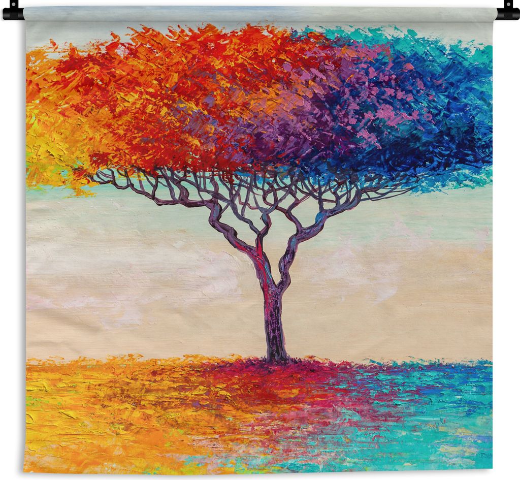 MuchoWow Wandteppich Wandbehang Gemälde - Ölfarbe - Baum - Regenbogen 150x150 cm Tapisserie Dekoration Wandtuch - Wohnaccessoires - Modernes